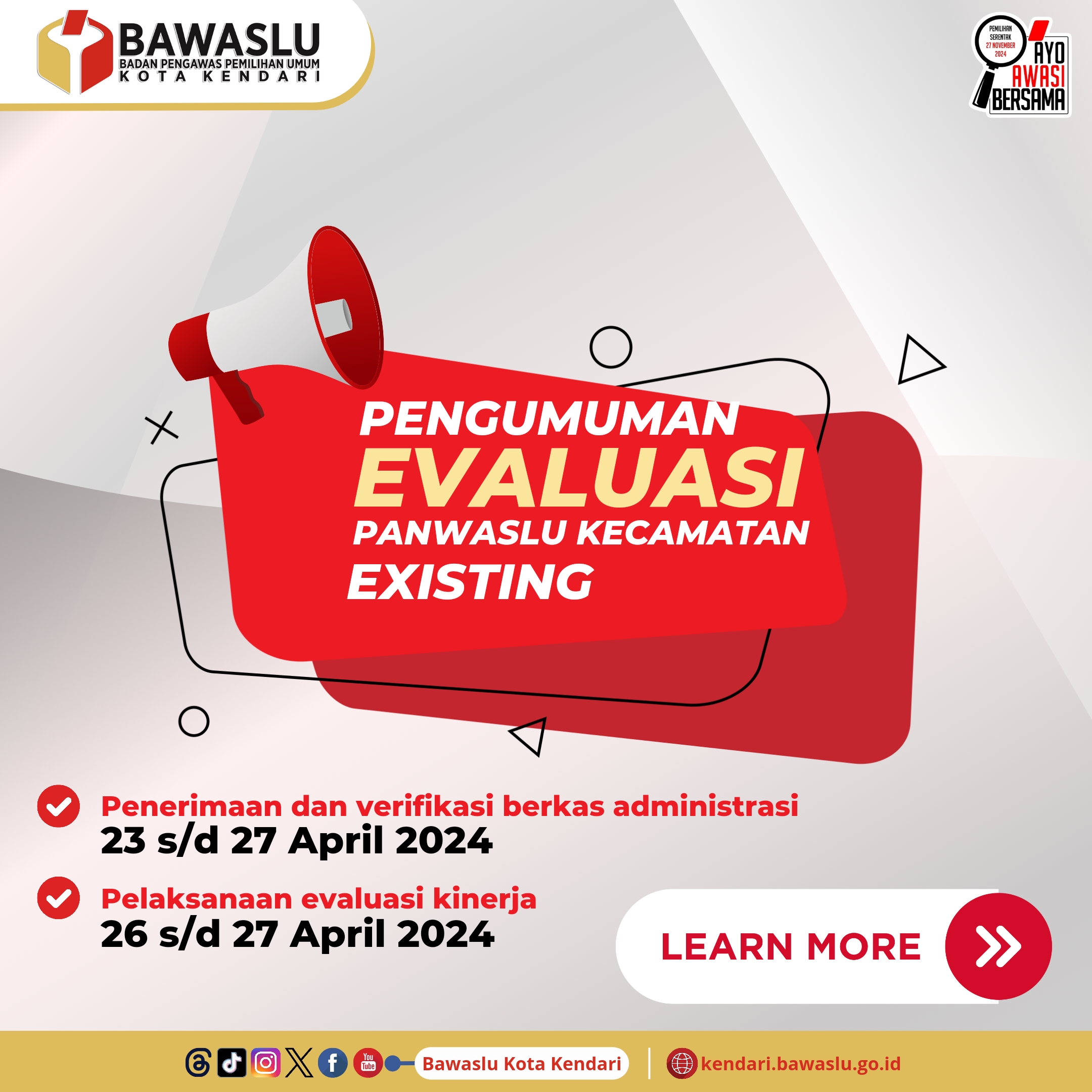 Pengumuman Pelaksanaan Penilaian Evaluasi Kinerja Bagi Panwas Kecamatan Existing Dalam Rangka Seleksi Panwas Kecamatan Untuk Pemilihan Tahun 2024